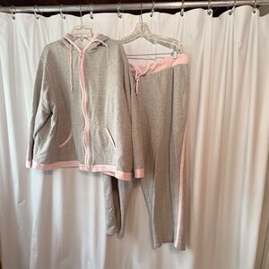 VTG Fashion Bug Hooded Track Suit Gray w Pink Stripe Jacket 26-28, Pants 22-24